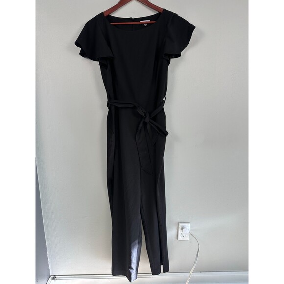 Calvin Klein Womens Flutter Sleeve Belted Jumpsuit Black Size 12 Cropped - Picture 1 of 4